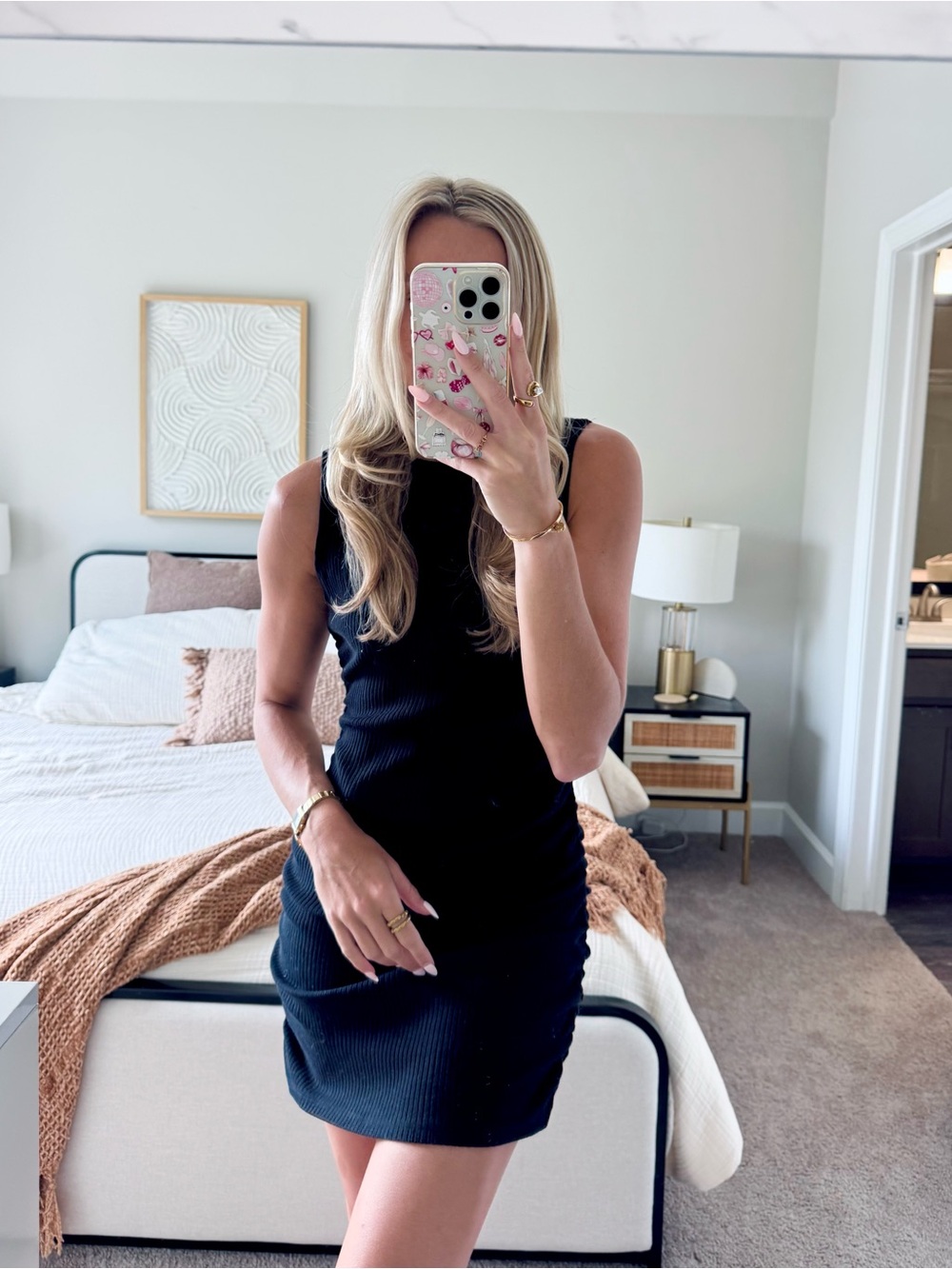 Reformation Black Ribbed Side-Ruched Tank Mini Dress